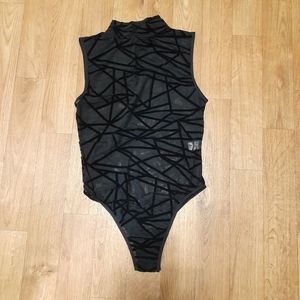 Sheer Sleeveless Mesh & Velvet Geometric Mockneck Bodysuit NWOT Small